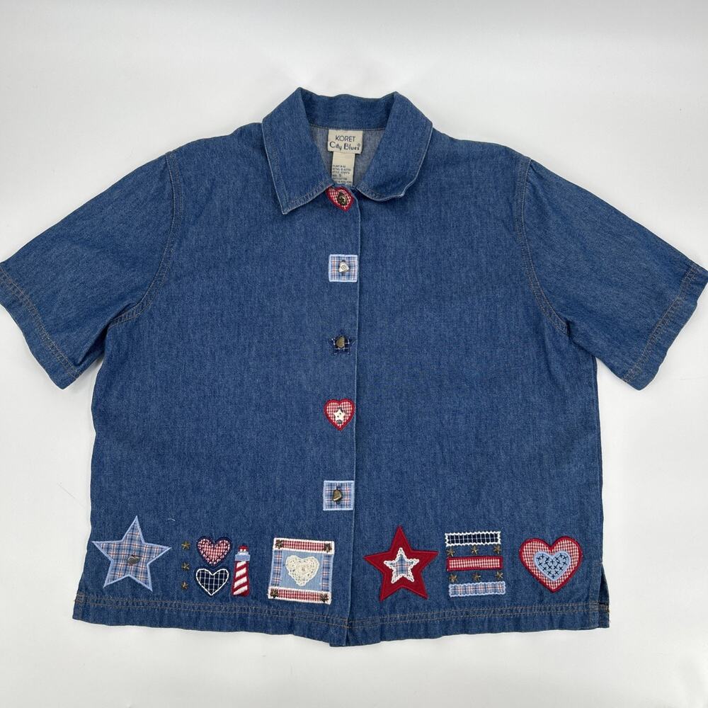Vintage City Blues Denim Top Womens S Appliqué Embroidered Heart Cottagecore 90s